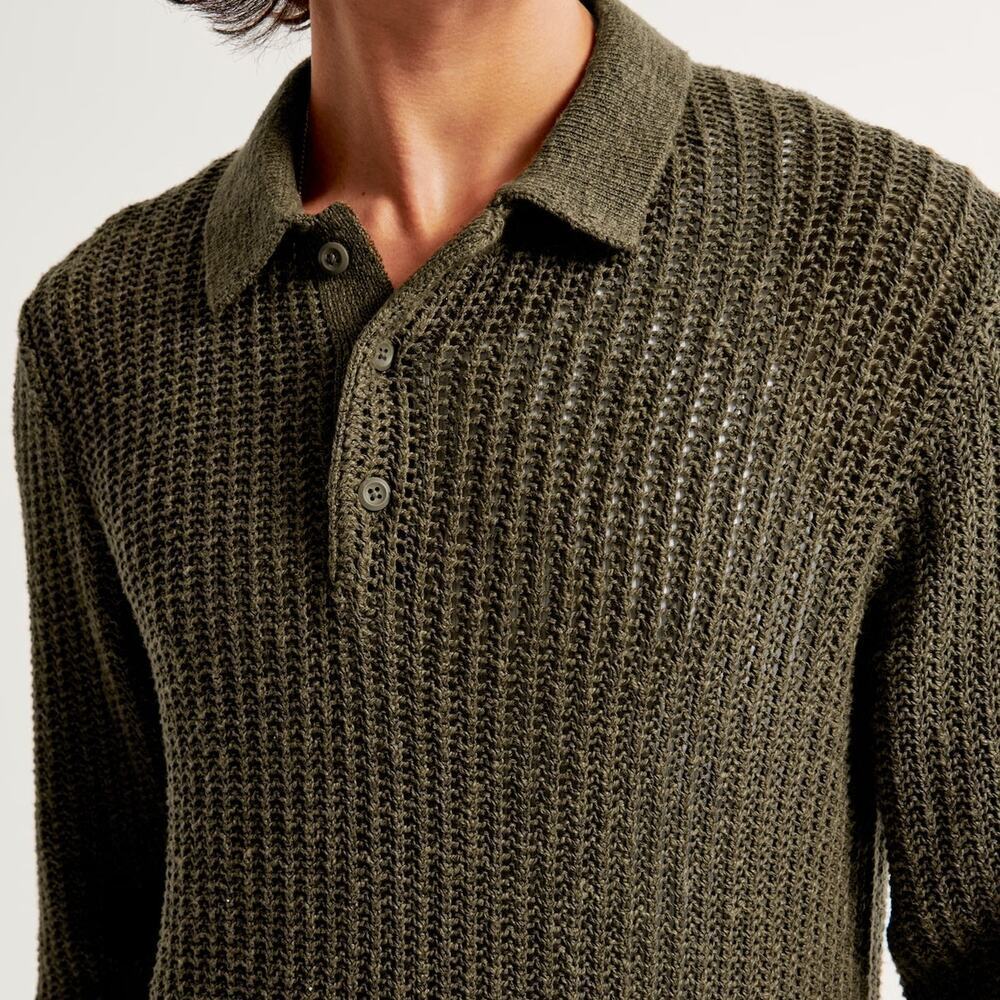 Abercrombie & Fitch Long-Sleeve 3-Button Sweater Knit Green Polo S - Picture 3 of 8